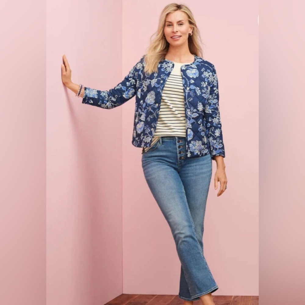 Rachel Zoe Quilted Floral Jacket w/ Front Pockets Size L Navy & White - Picture 15 of 15